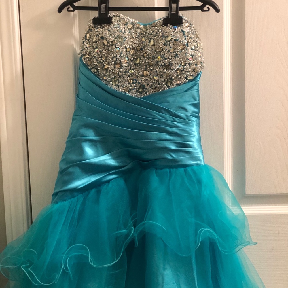 Turquoise silk and tulle short formal/prom dress